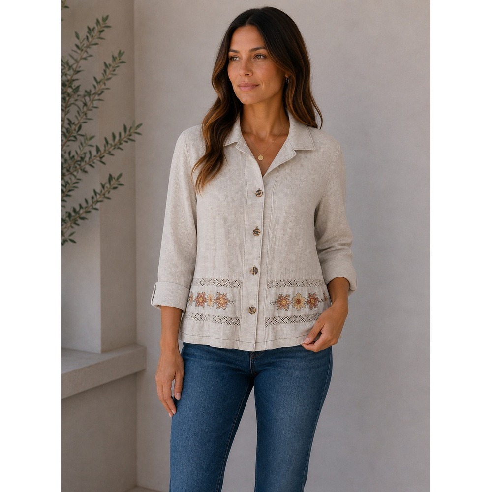 Beige Linen Blend Embroidered Floral Crochet Jacket Sz S Vaca Resortwear Coastal